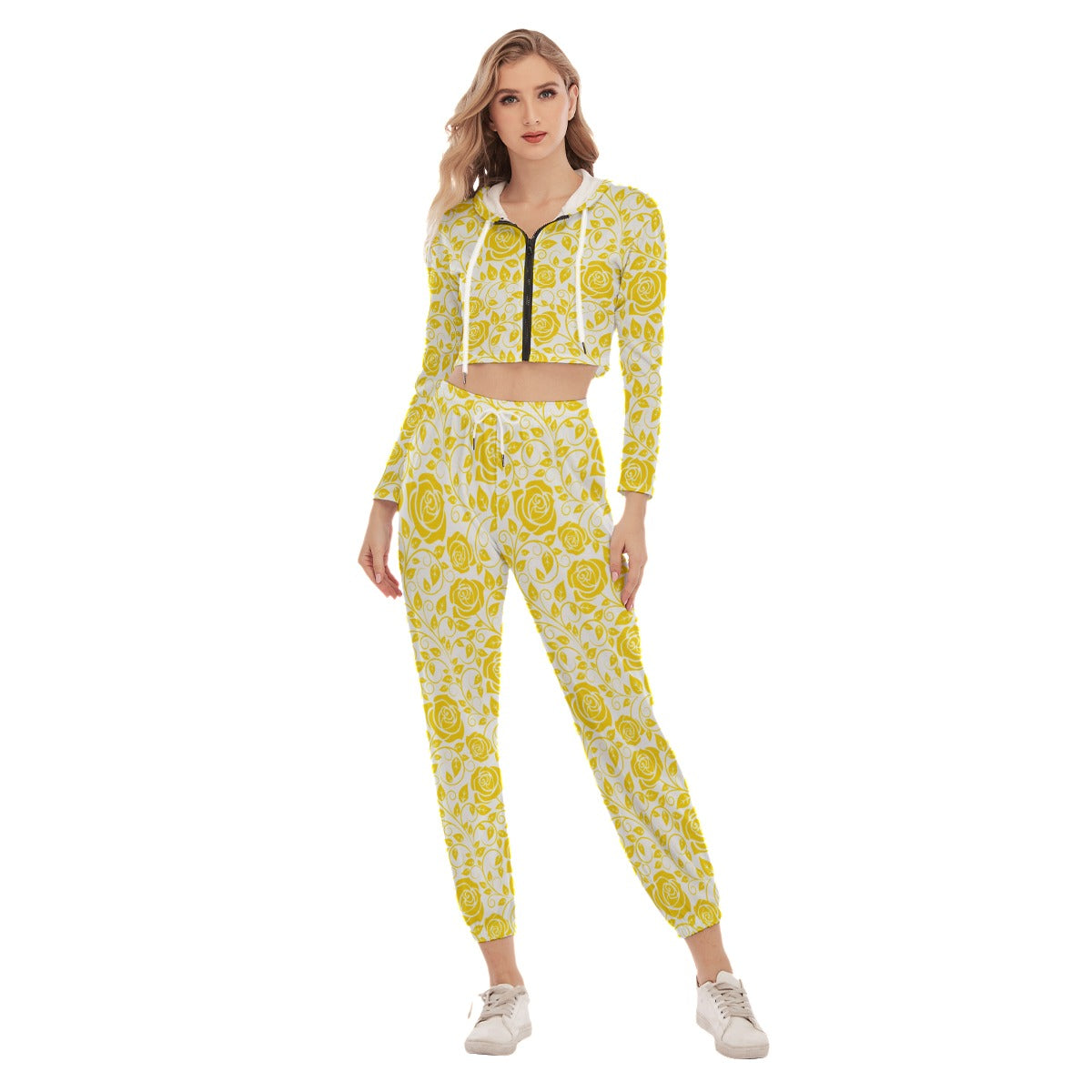 White & Yellow Roses Women's Crop Hoodie Sports Sets