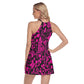 Pink Europe Forest Leaves Women's Round Neck Above Knee Dress