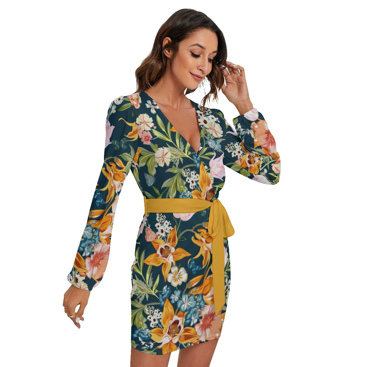 Watercolor Flowers Women's Long Sleeve Dress With Waist Belt