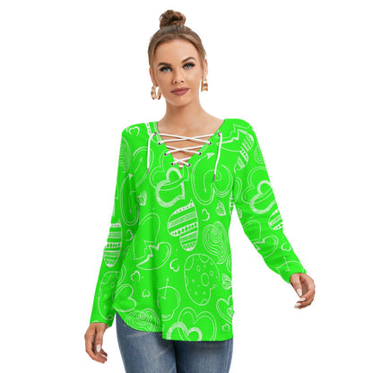 Green With White Doodle Hearts Women's Long Sleeve Neckline Tie Sweatshirt