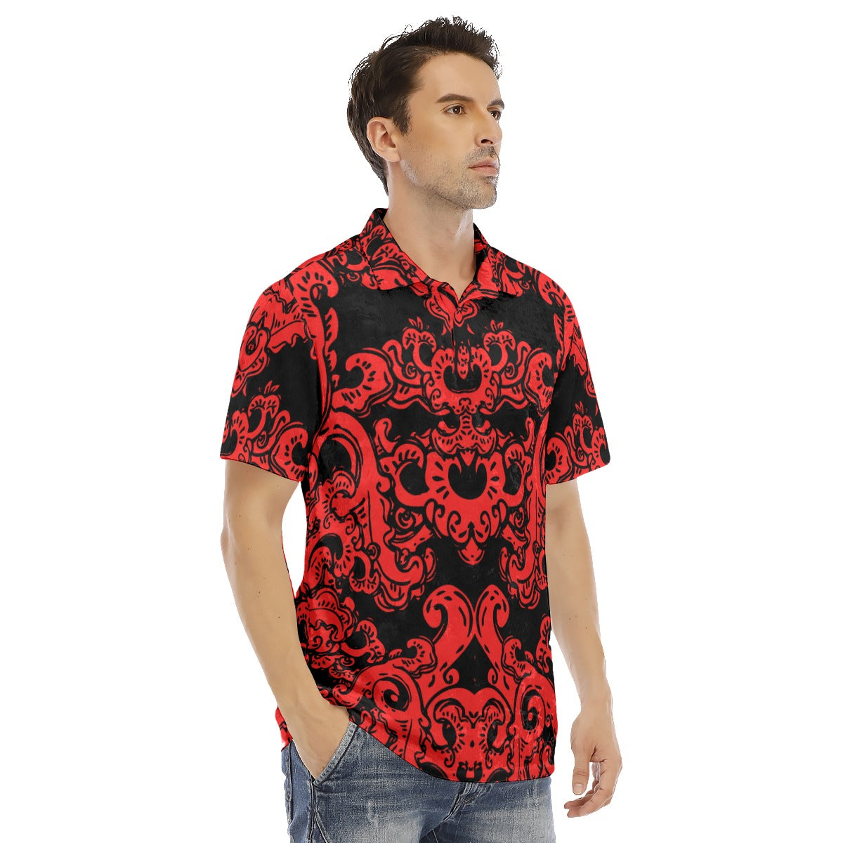 Red & Black Baroque Pattern Men's Polo Shirt | Velvet