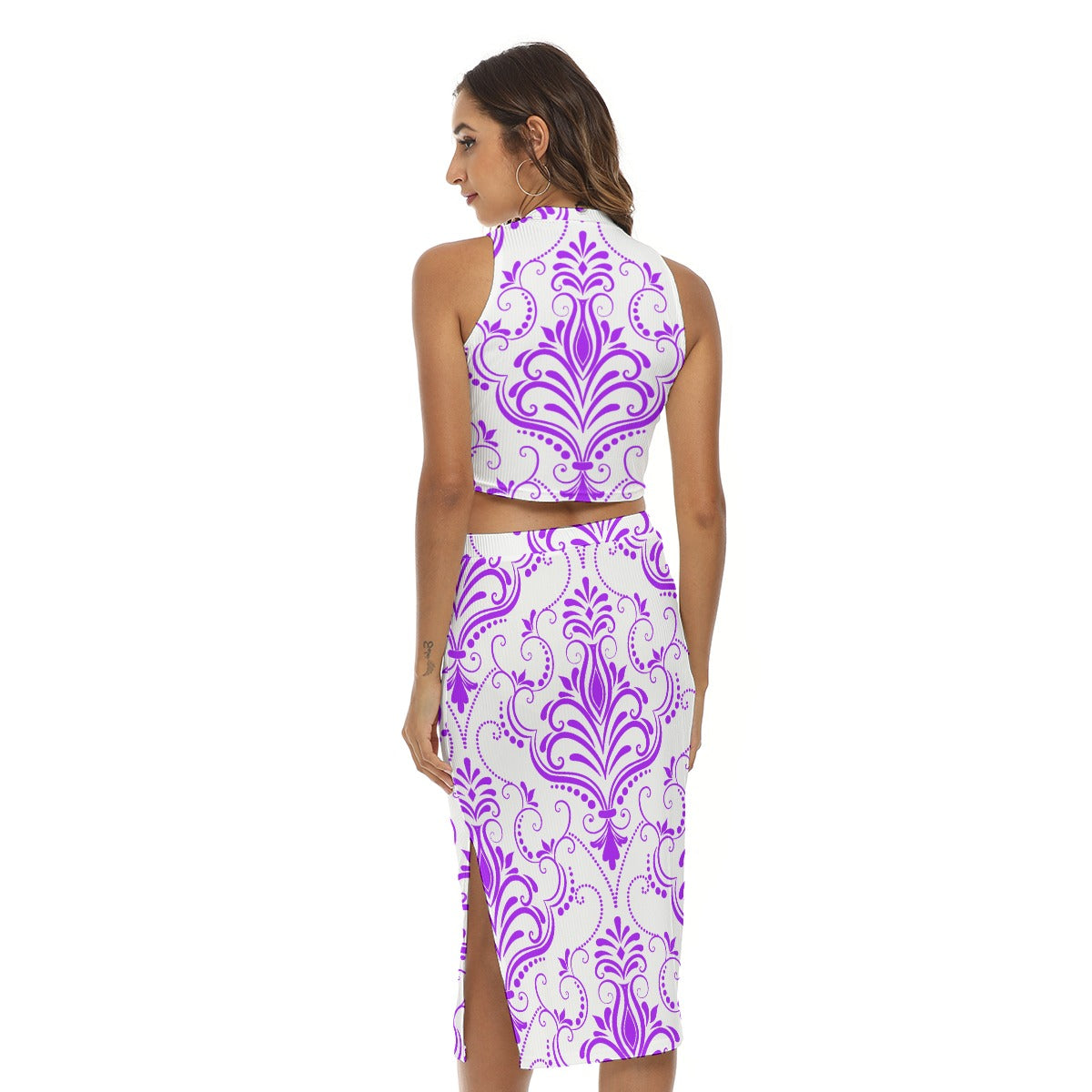 Purple With White Vintage Flowers Women's Tank Top & Split High Skirt Set