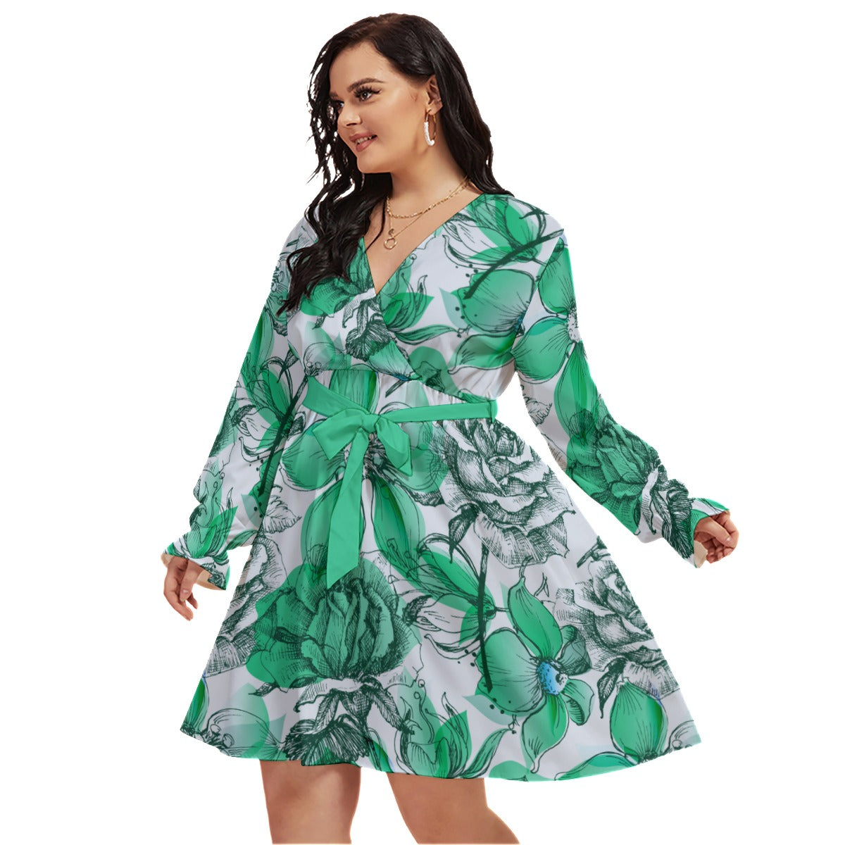 Retro Style Teal Roses Women's V-neck Dress With Waistband (Plus Size)