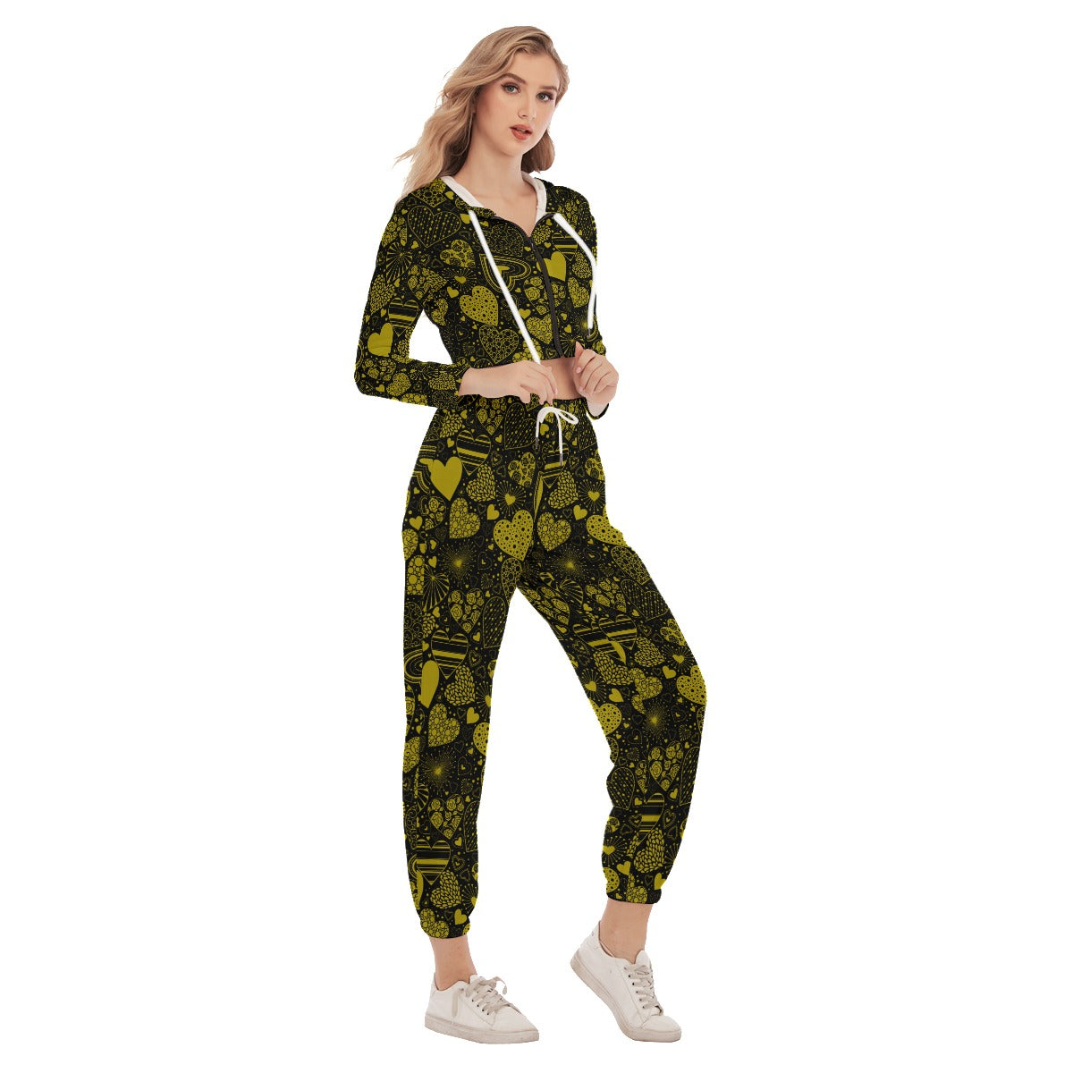 Black & Yellow Hearts Women's Crop Hoodie Sports Sets