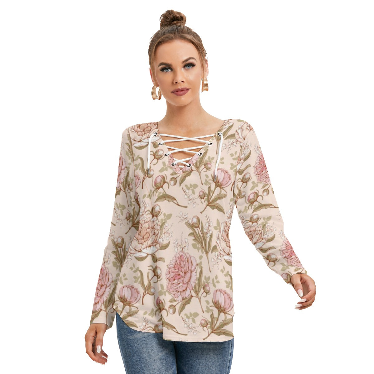 Cute Peonies Women's Long Sleeve Neckline Tie Sweatshirt