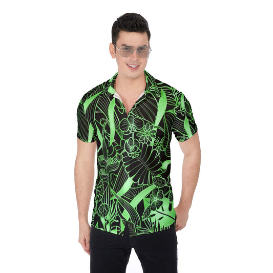 Green Metallic Tropical Leaves Men's Button Up