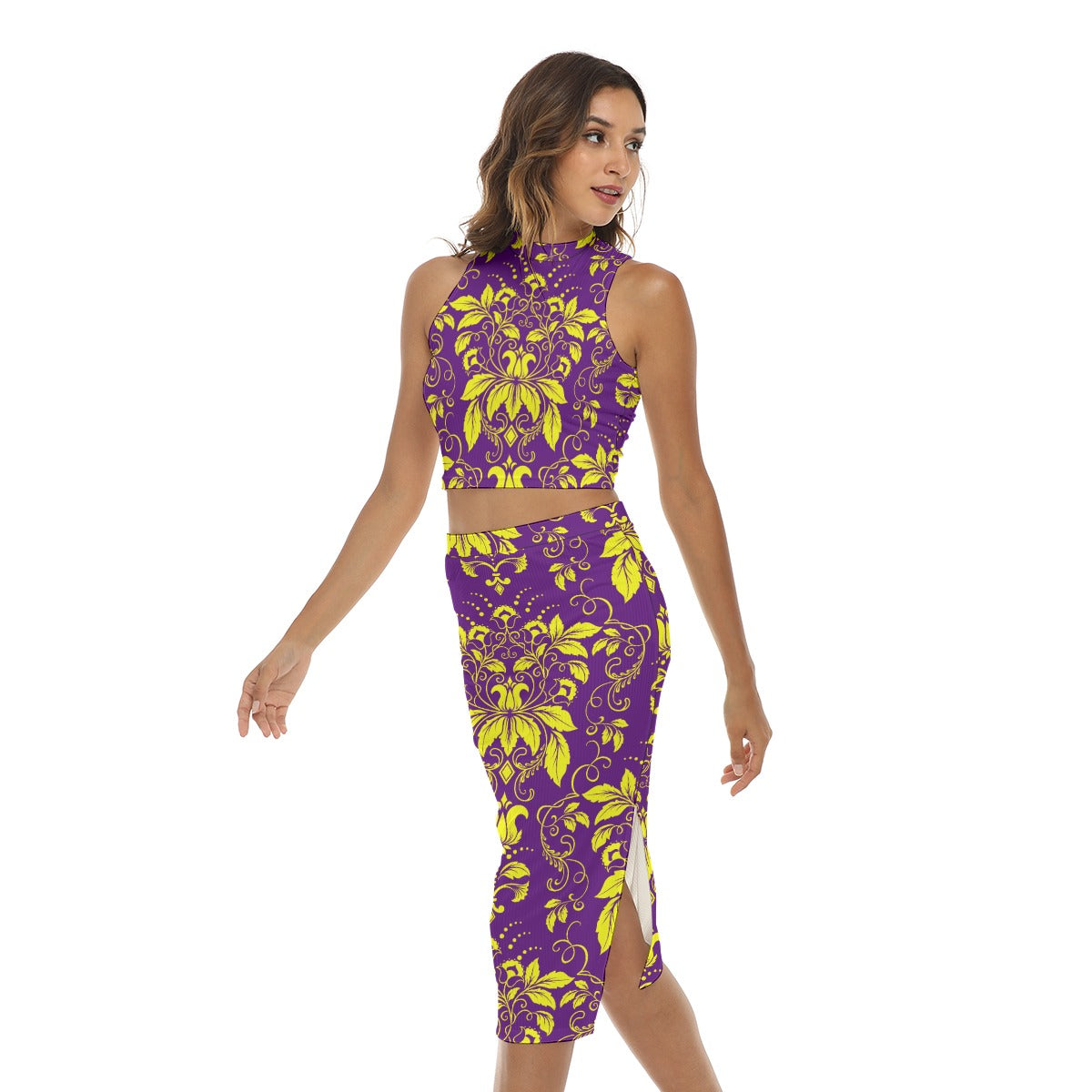 Yellow With Purple Vintage Flowers Women's Tank Top & Split High Skirt Set