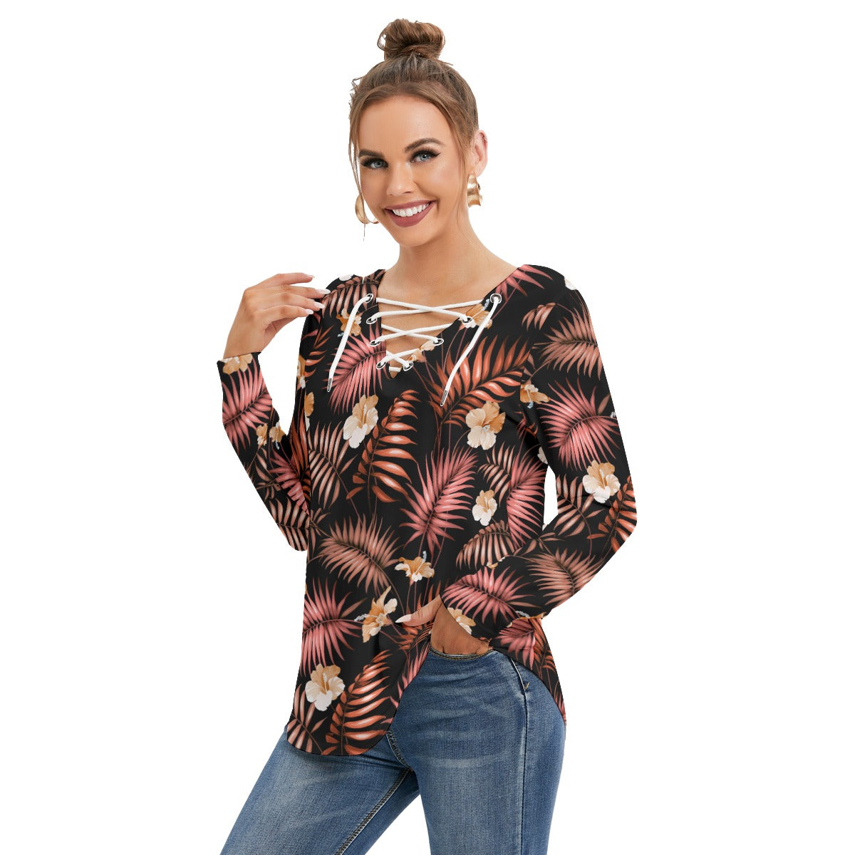 Tropical Flowers Women's Long Sleeve Neckline Tie Sweatshirt