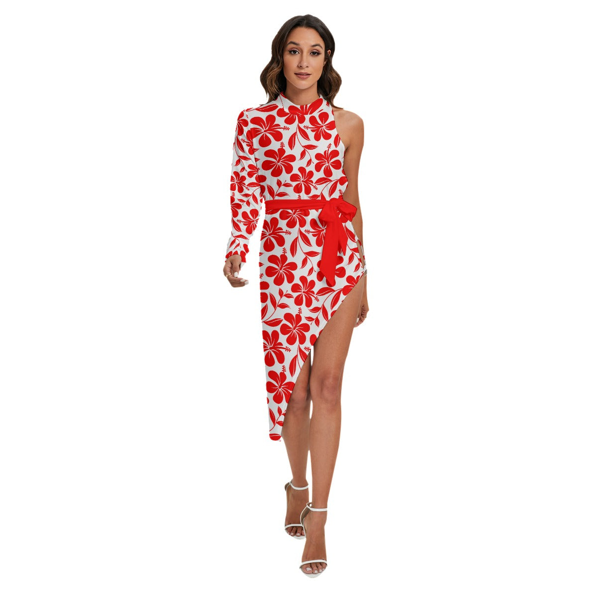 Red & White Tropical Hibiscus Flowers Women's Side Cutout Dress