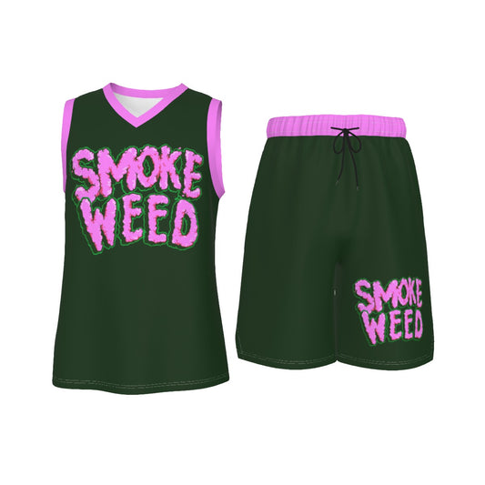 Dark Green & Pink Smoke Weed Stoners Only Men's V Neck Basketball Suit