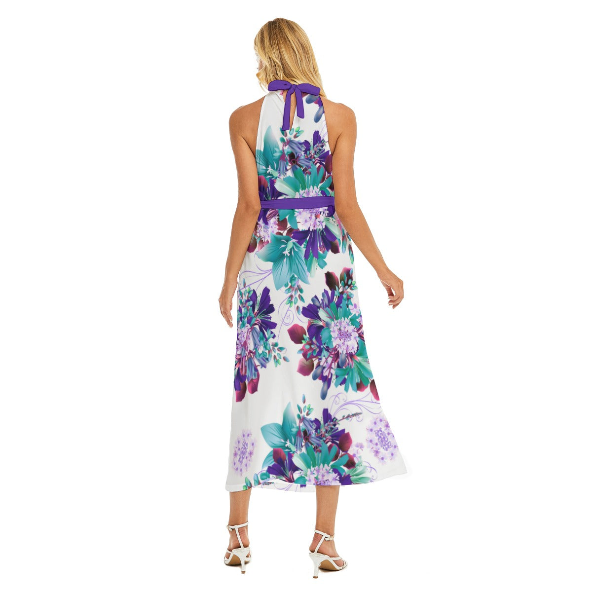 Cute Flowers Women's Wrap Hem Belted Halter Dress