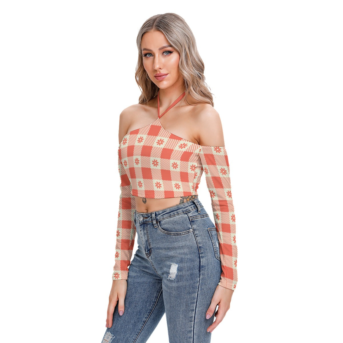 White With Orange Flowers Women's Plaid Halter Lace-up Top