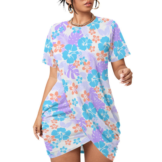 Tropical Hawaiian Flowers Women’s Stacked Hem Dress With Short Sleeve（Plus Size）