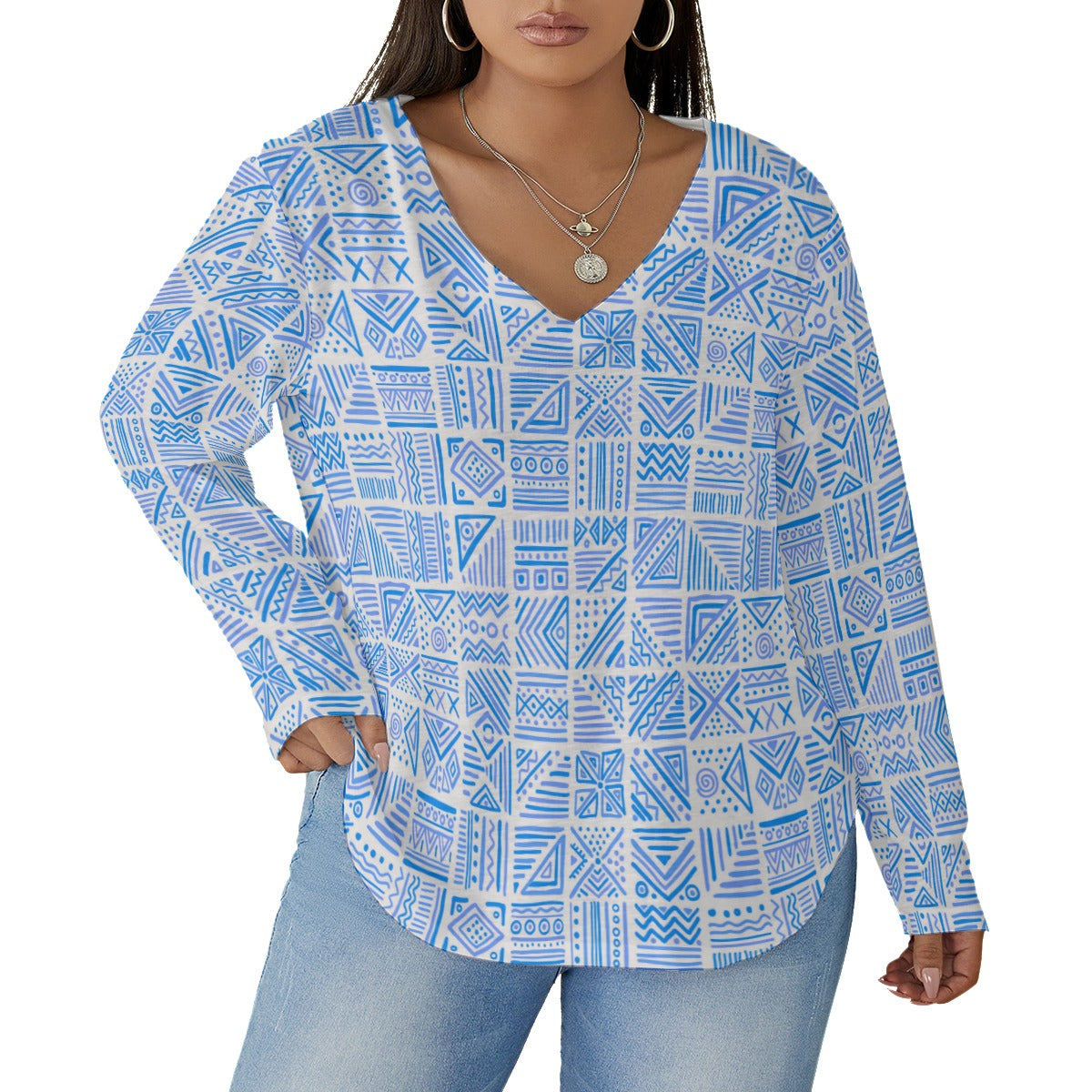 African Vibes Women's V-neck T-shirt With Curved Hem(Plus Size)