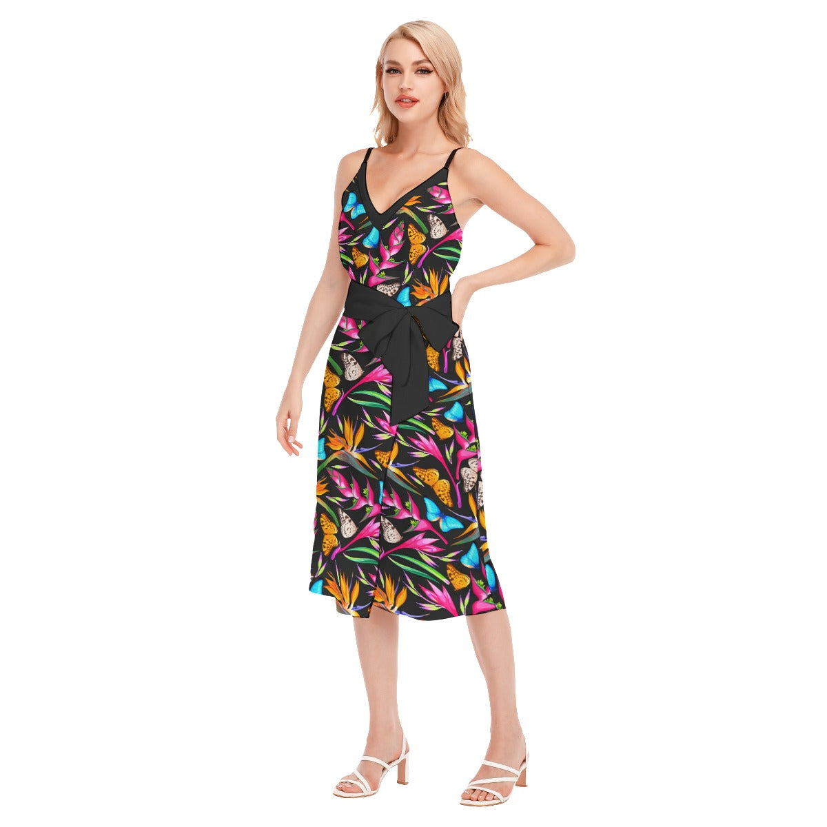 Tropic Summer Women's V-neck Cami Dress With Waist Band