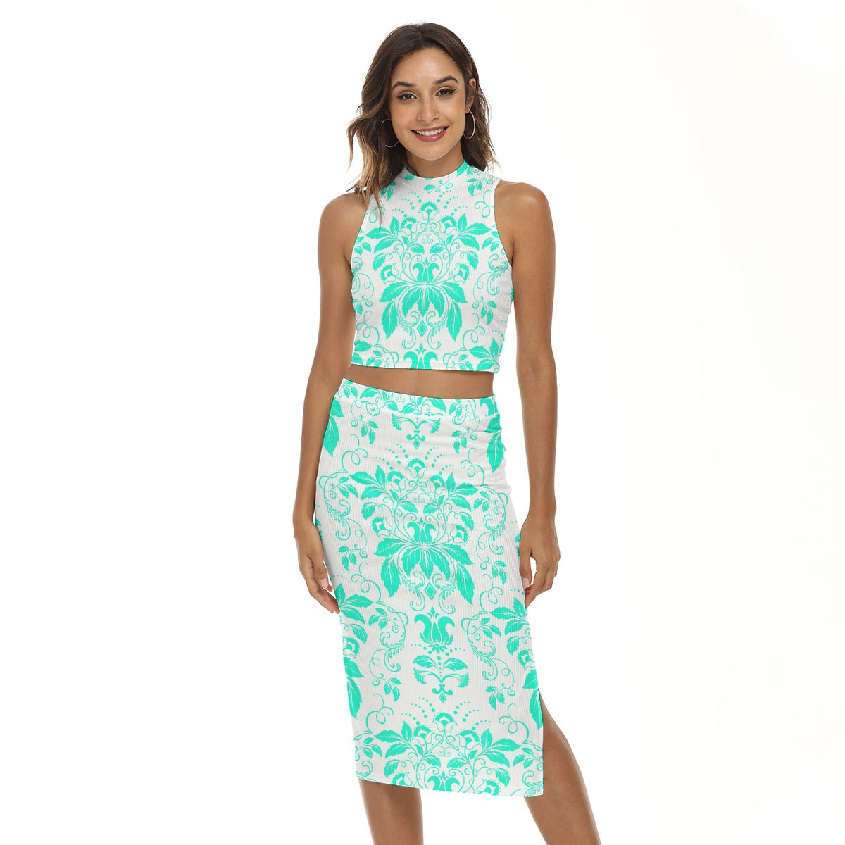 Teal With White Vintage Flowers Women's Tank Top & Split High Skirt Set