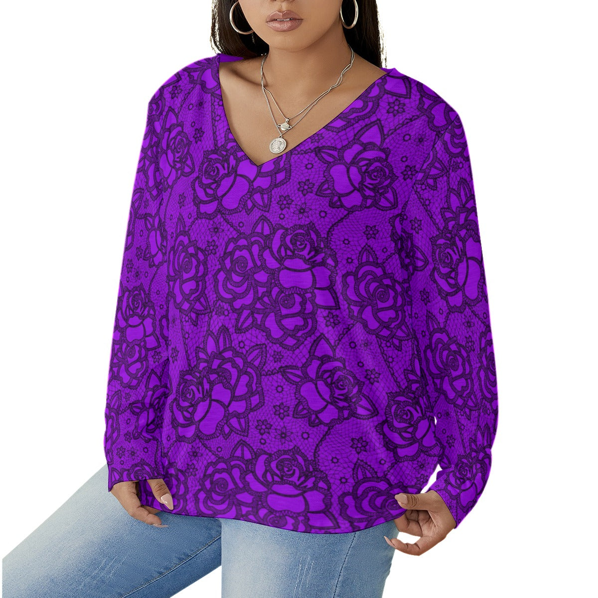 Women's Purple Lace Style Roses V-neck T-shirt With Curved Hem(Plus Size)