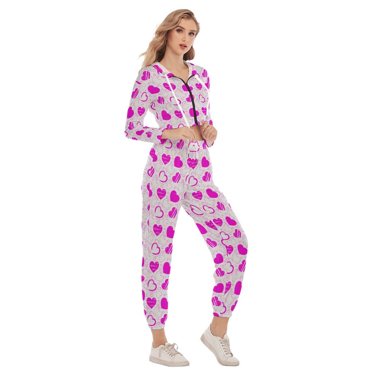 Cute Pink Hearts Women's Crop Hoodie Sports Sets