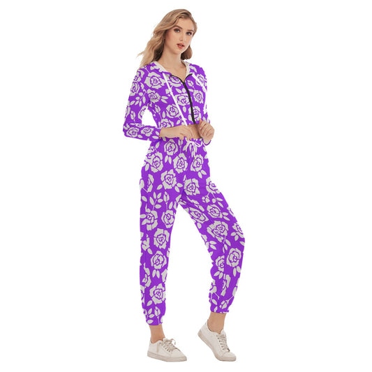 Purple With White Roses Women's Crop Hoodie Sports Sets