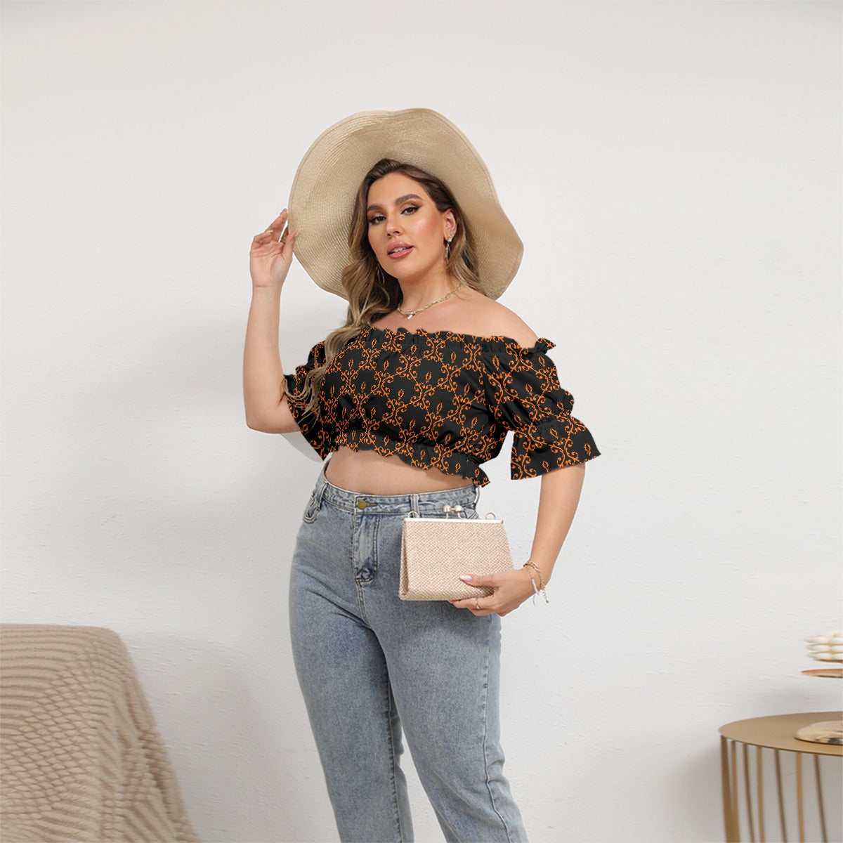 Cute Black & Orange Women's Off-shoulder Cropped Top With Short Puff Sleeve