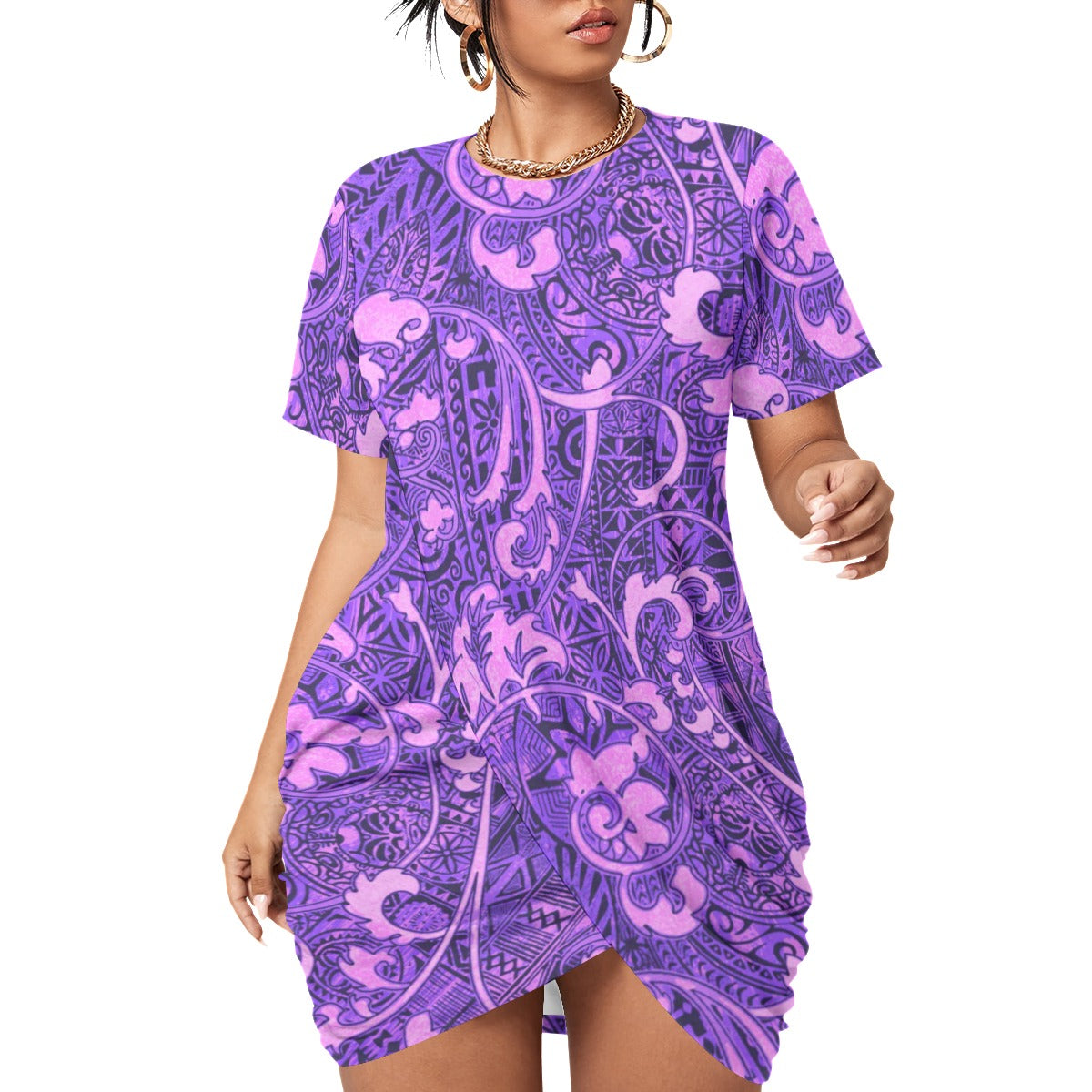 Hawaiian Style Women’s Stacked Hem Dress With Short Sleeve（Plus Size）