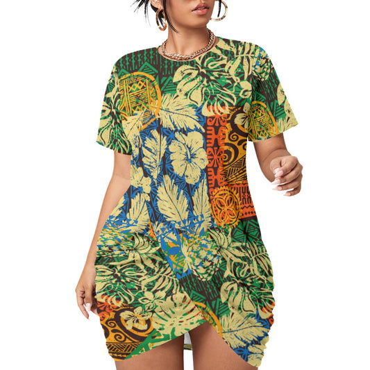 Hawaiian Style Women’s Stacked Hem Dress With Short Sleeve（Plus Size）