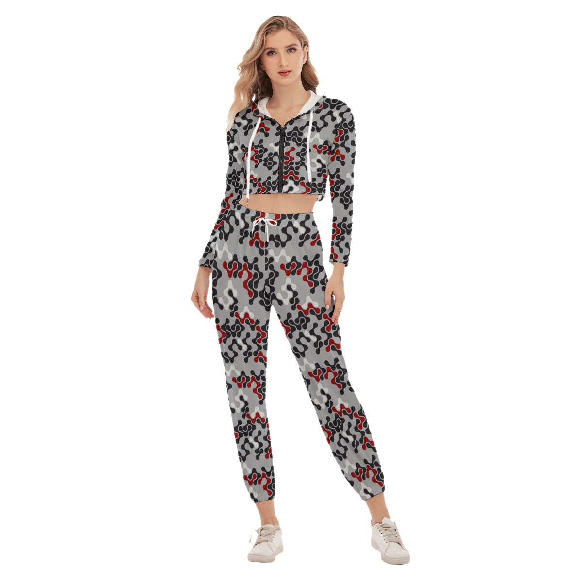 Red, Black & White Abstract Women's Crop Hoodie Sports Sets