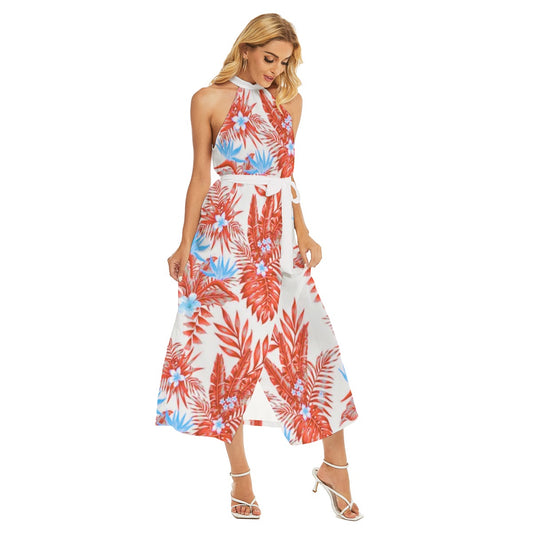 Exotic Flowers Women's Wrap Hem Belted Halter Dress