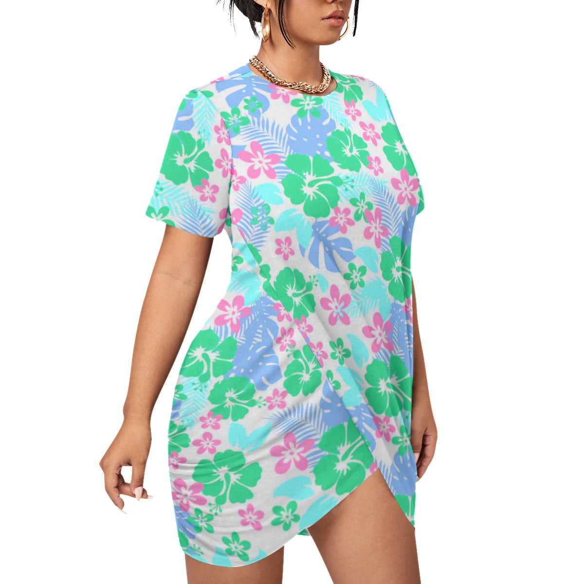 Tropical Hawaiian Flowers Women’s Stacked Hem Dress With Short Sleeve（Plus Size）