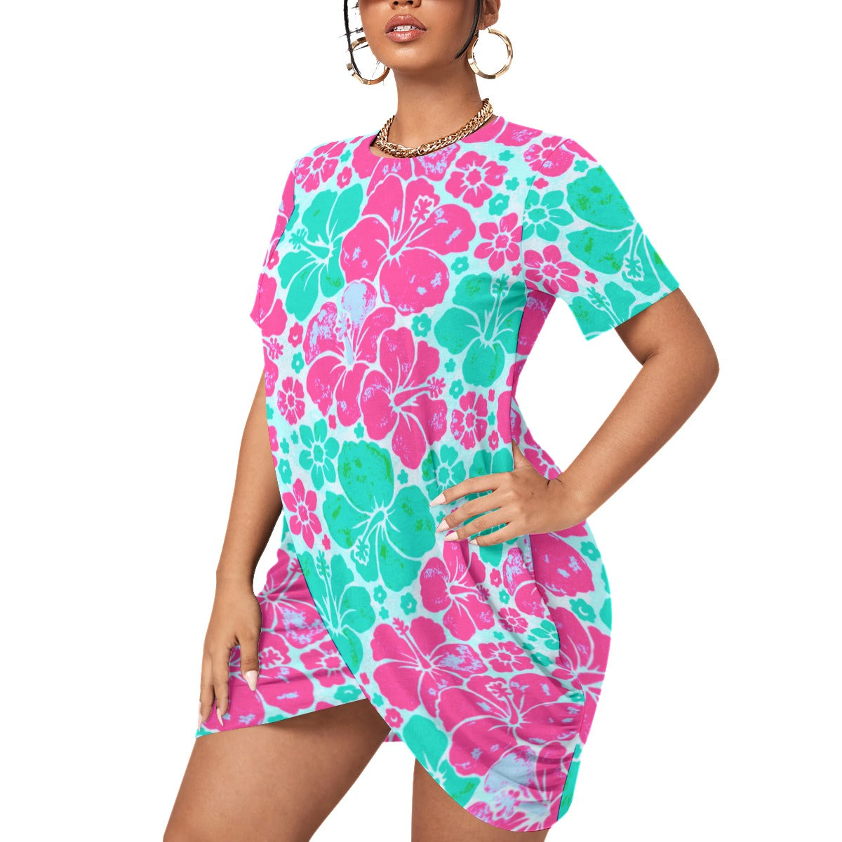 Women’s Beach Life Stacked Hem Dress With Short Sleeve（Plus Size）