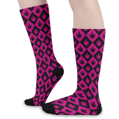 Black & Pink Stoners Only Weed Leaf Checker Board Long Socks