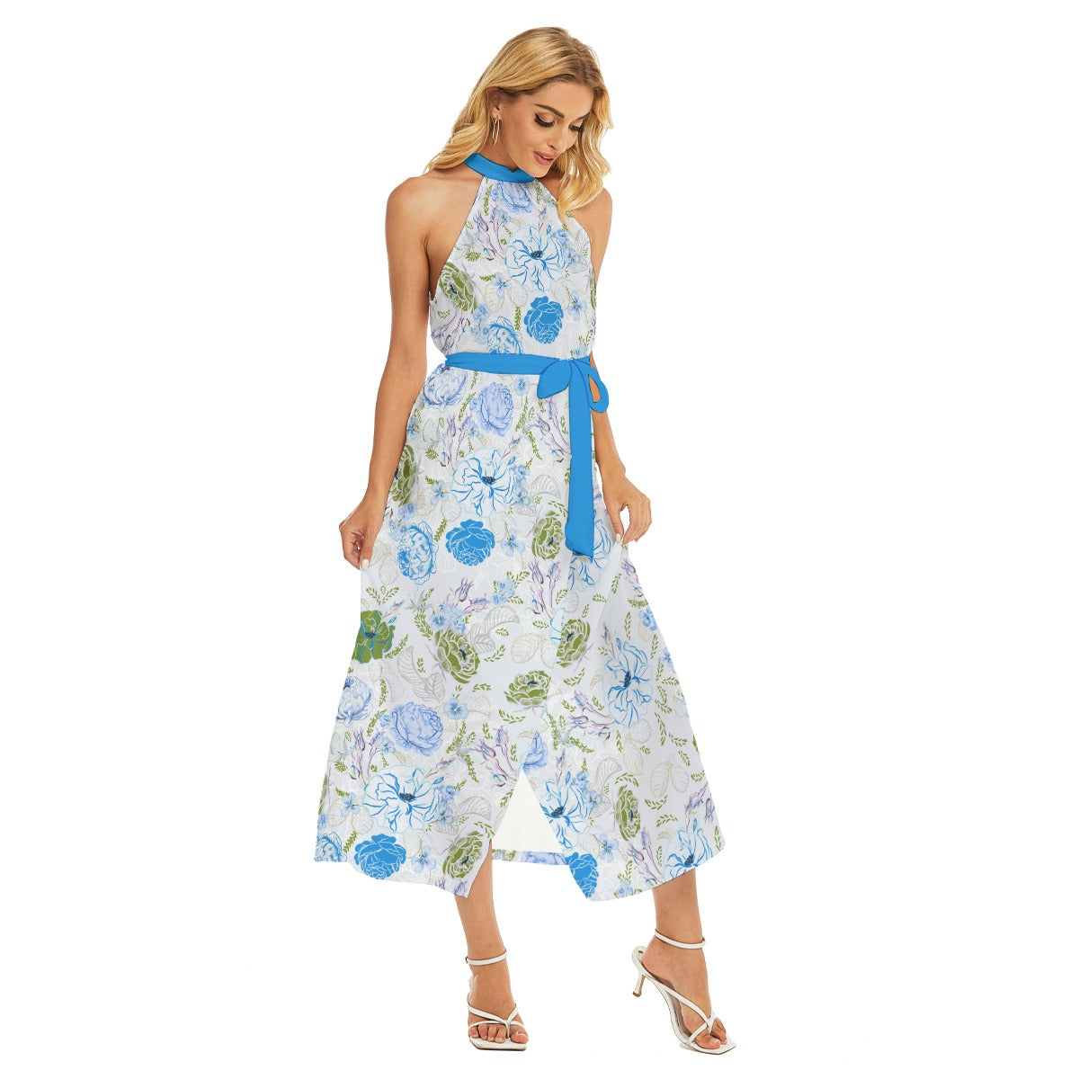 Beautiful Fashionable Roses Women's Wrap Hem Belted Halter Dress