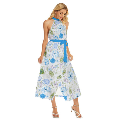 Beautiful Fashionable Roses Women's Wrap Hem Belted Halter Dress