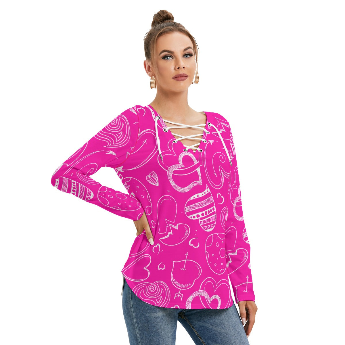 Pink With White Doodle Hearts Women's Long Sleeve Neckline Tie Sweatshirt