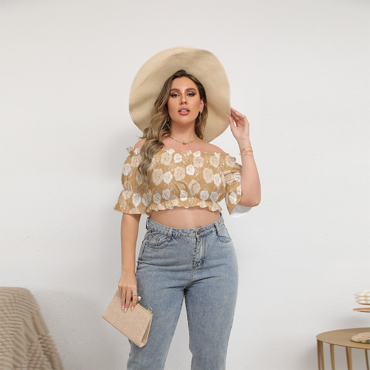 White Roses With Orange Women's Off-shoulder Cropped Top With Short Puff Sleeve