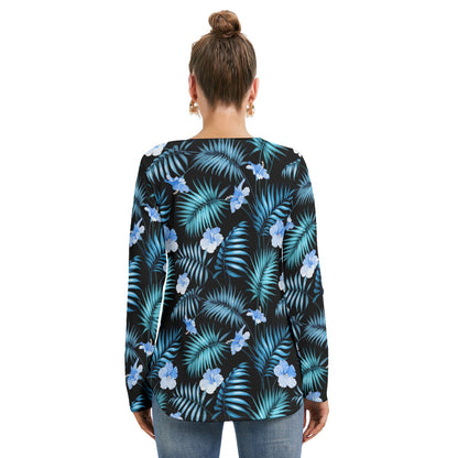 Tropical Flowers Women's Long Sleeve Neckline Tie Sweatshirt