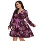 Pink Flowers Women's V-neck Dress With Waistband (Plus Size)