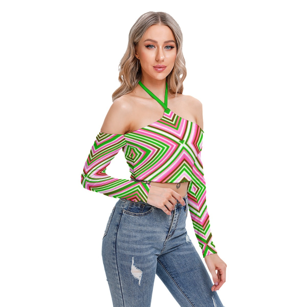 Bold Bright Geometric Neon Colors Women's Halter Lace-up Top