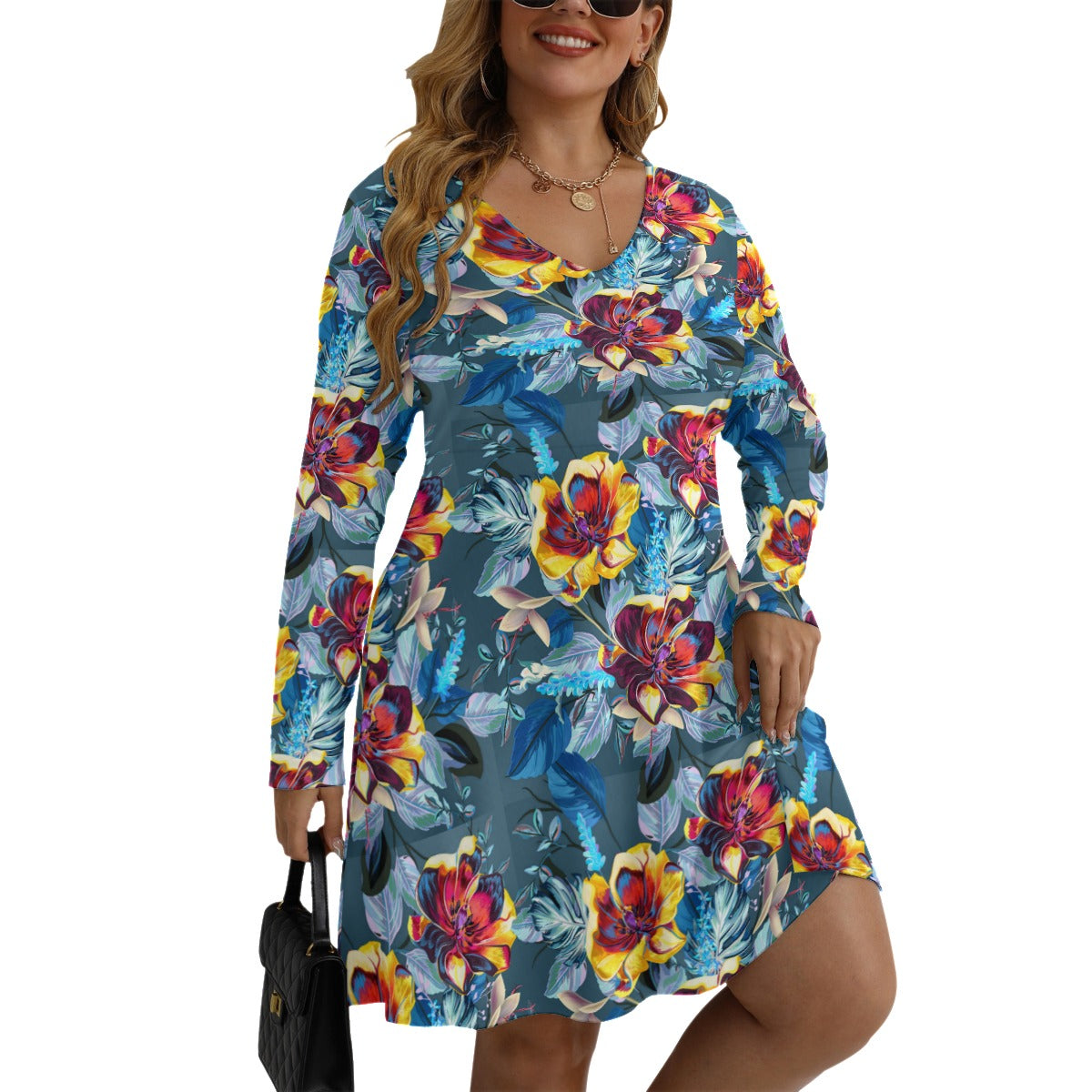 Beautiful Tulips Women's V-neck Long Sleeve Dress (Plus Size)