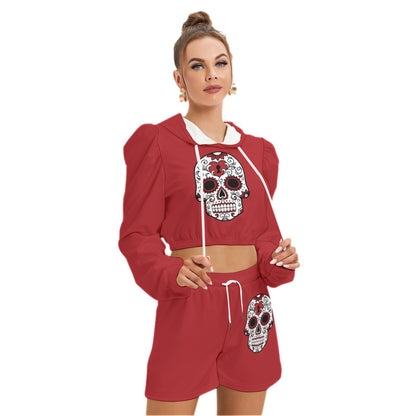 Sugar Skull Red Women's Mirco Fleece Hoodie And Shorts Set