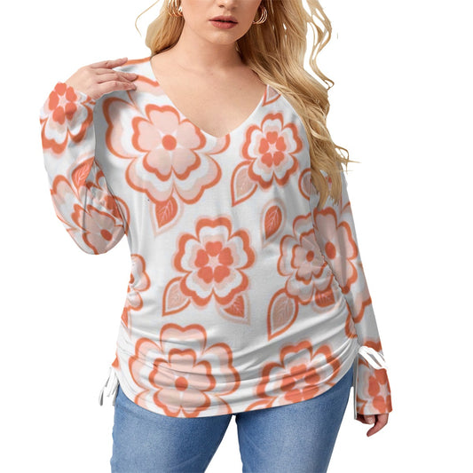 Orange Sakura Flowers & Leaves Women’s V-neck T-shirt With Side Drawstring(Plus Size)