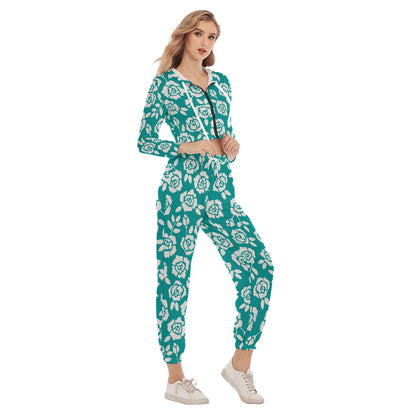 Teal With White Roses Women's Crop Hoodie Sports Sets