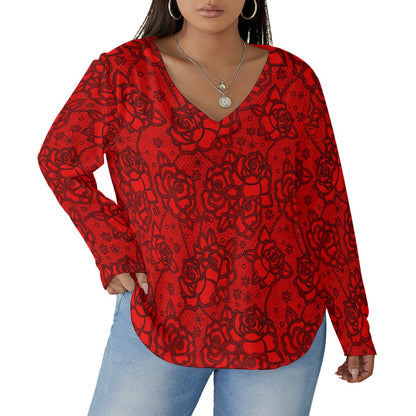 Women's Red Lace Style Roses V-neck T-shirt With Curved Hem(Plus Size)