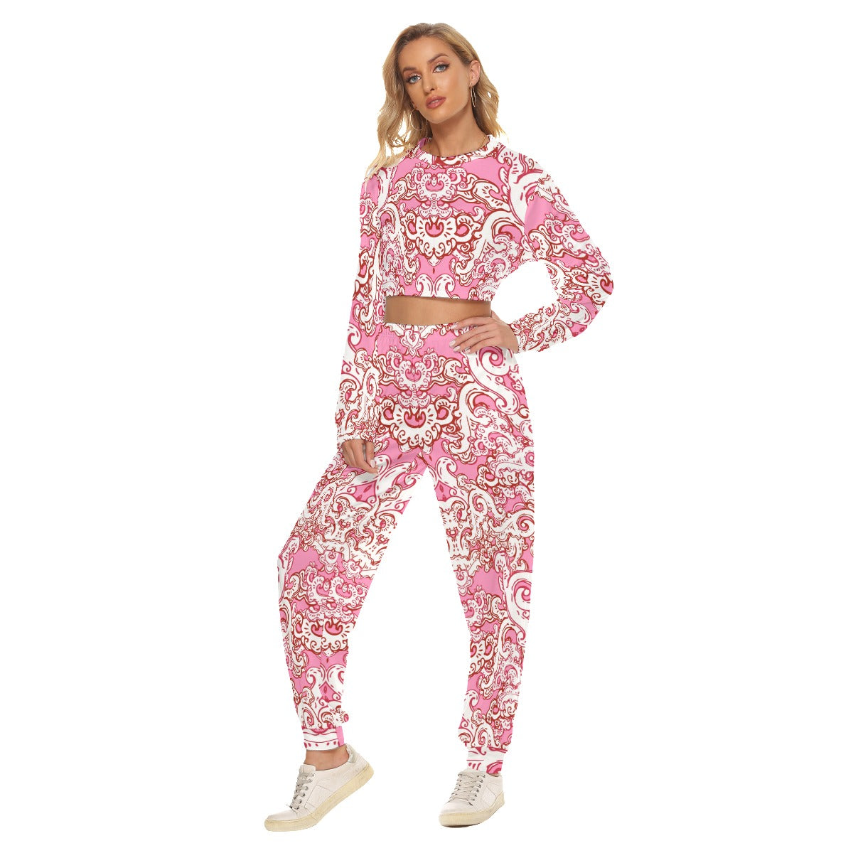 Pink & White Baroque Pattern Women's Crop Sweatshirt Suit