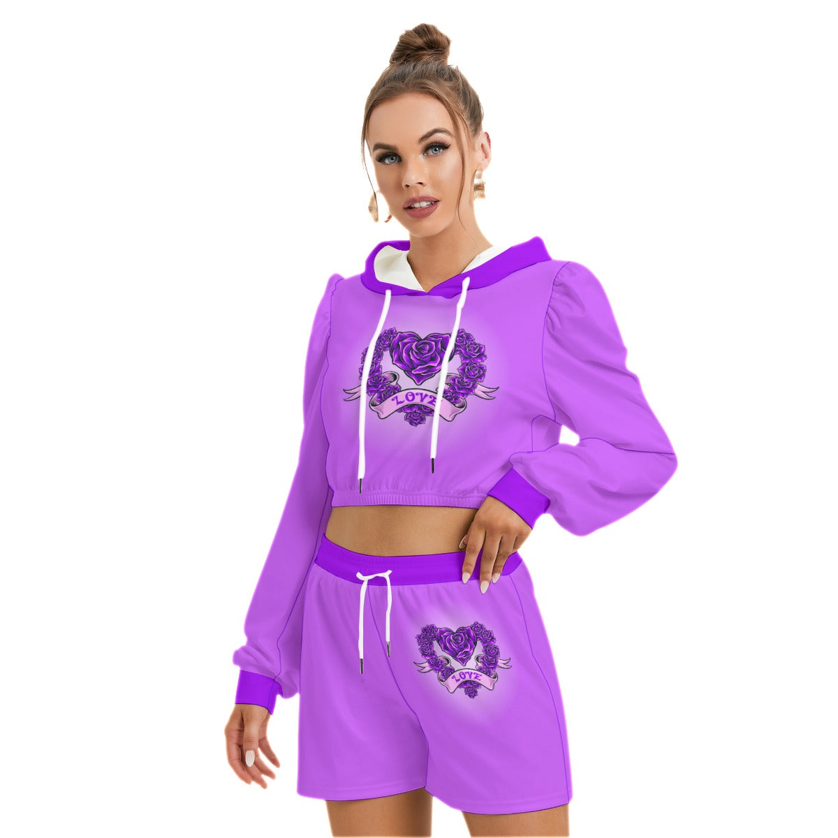 Purple Heart With Roses Women's Mirco Fleece Hoodie And Shorts Set