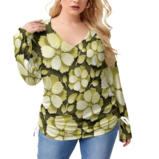 Black With Yellow Cherry Blossoms Women’s V-neck T-shirt With Side Drawstring(Plus Size)