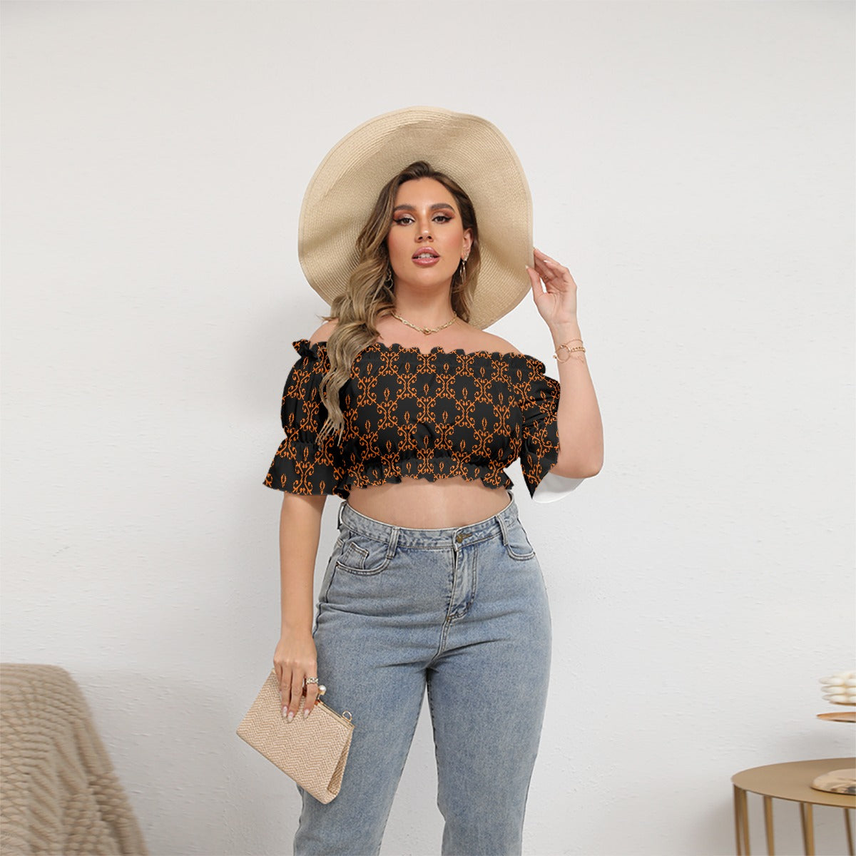 Cute Black & Orange Women's Off-shoulder Cropped Top With Short Puff Sleeve