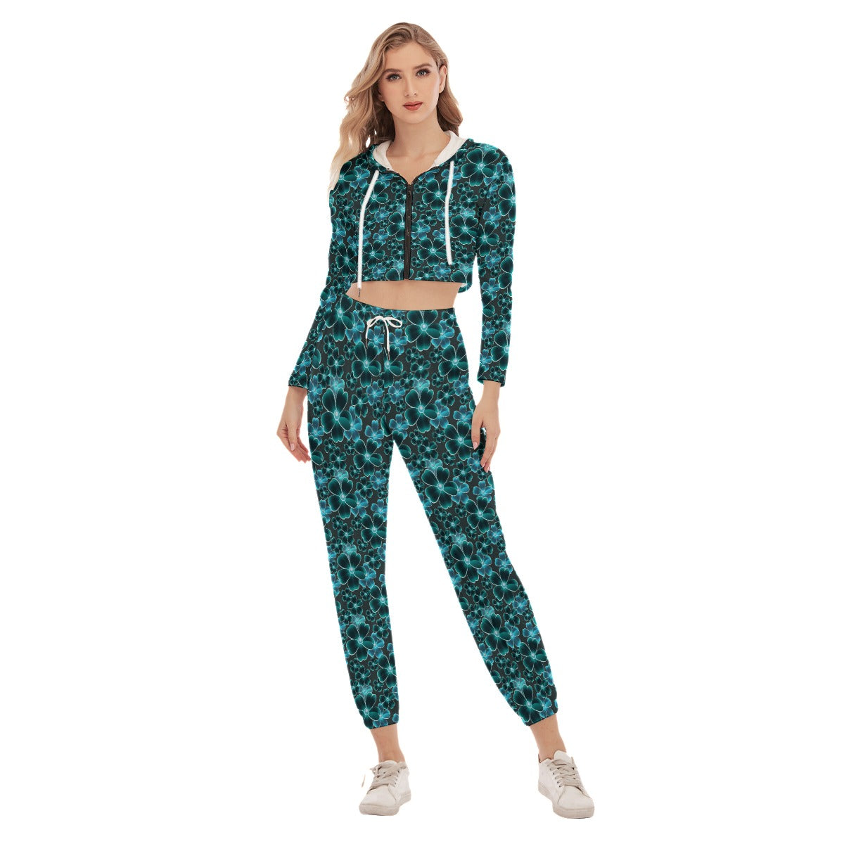 Blue Flowers Women's Crop Hoodie Sports Sets