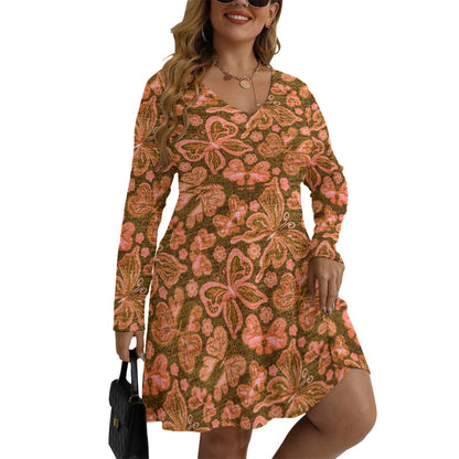 Women's Cute Colorful Butterflies V-neck Long Sleeve Dress (Plus Size)