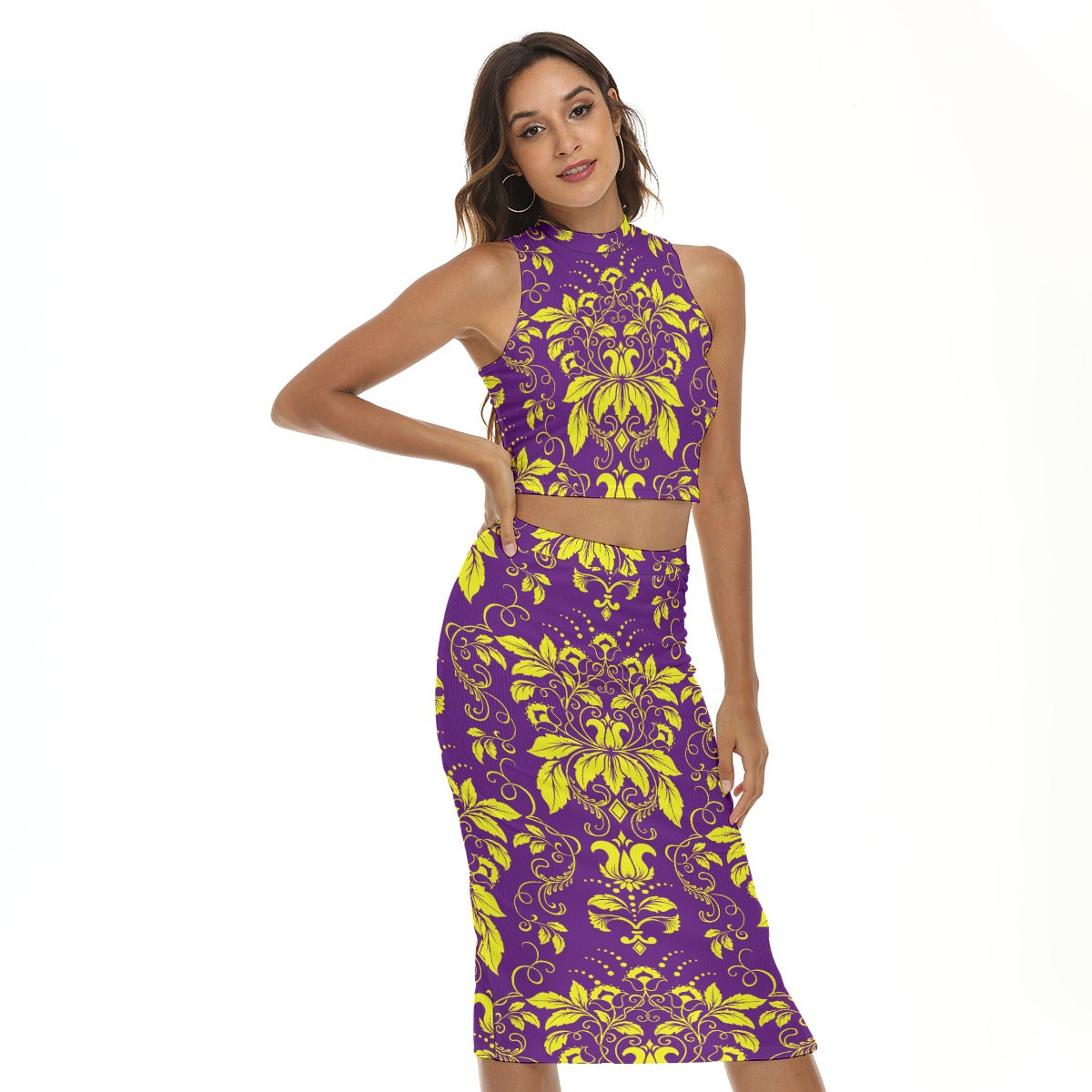 Yellow With Purple Vintage Flowers Women's Tank Top & Split High Skirt Set